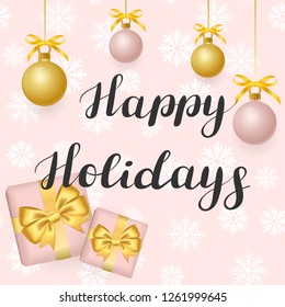 Happy Holidays. Illustration with golden balls on a pink background