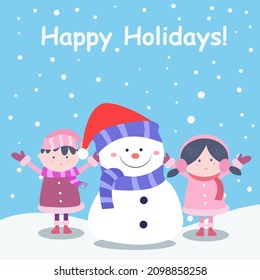 Happy holidays illustration with little boy,girl and snowman perfect for invitations, greeting cards, backgrounds, wallpapers and more