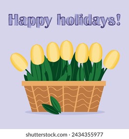 Happy holidays! Happy International Women's Day! Vector image with spring flowers and tulips in a basket.