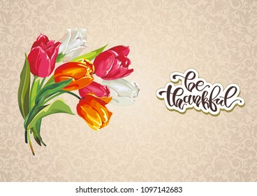 Happy holidays invitation card. Greeting card for Happy Mother's Day, design with bouquet of tulips flowers. Beautiful bouquet on vintage backdrop