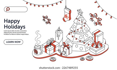 Happy holidays isometric. Minimalistic design for landing page. Frying boxes near Christmas tree. Winter holidays and festivals, New Year. Comfort and coziness. Cartoon 3D vector illustration