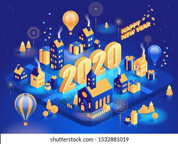 Happy holidays isometric vector banner template. 2020 New Year celebration. Night city, packing gifts and flying hot air balloons on blue background. December traditional event greeting card design 