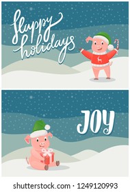 Happy holidays and joy greeting cards pink pigs symbols of 2019 on snowy landscapes with snowflakes. Piglet in sweater with deers and sitting with gift box