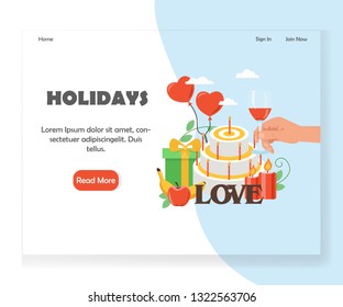 Happy holidays landing page template. Vector flat style design concept for party and celebration event agency website and mobile site development. Love event, wedding anniversary celebration.