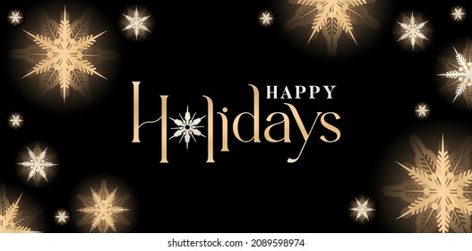Happy holidays lettering font with golden snowflakes pattern design isolated black backgrounds, applicable for banner print, wallpaper, backdrop, greeting cards for any occasion.