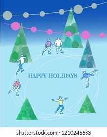 Happy holidays lettering with hand-drawn scate and trees. Blue frozen card or banner. Vector illustration on white background