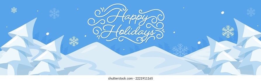 Happy Holidays Lettering With Origami Paper Xmas Tree, Snowflakes On Blue Mountains Background.