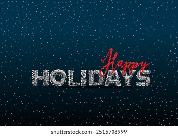 Happy Holidays lettering with trendy silver sequins texture. Modern brush calligraphy, isolated on the silver snowflake shape confetti blue background