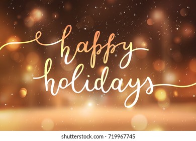 happy holidays lettering, vector handwritten text on blurred background of winter street