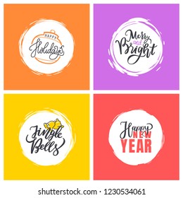 Happy holidays, merry and bright, jingle bells lettering doodles with wintertime branch and snowflakes. Sweets confectionery, vector calligraphy in color frames