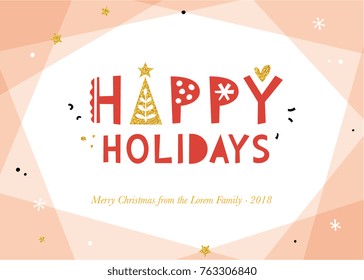 Happy Holidays and Merry Christmas background. Pale pink and red greeting card with bold typographic design and golden glitter elements. Horizontal template. Vector illustration.