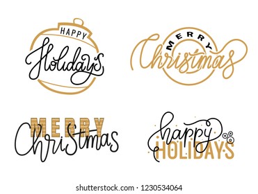 Happy Holidays, Merry Christmas and holidays, festive greetings, calligraphy print with winter season wishes. Xmas lettering for postcards vector