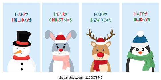 Happy holidays and Merry Christmas greeting card. Congratulation card with deer,rabbit,snowman, penguin.Cartoon Christmas character.Vector illustration.