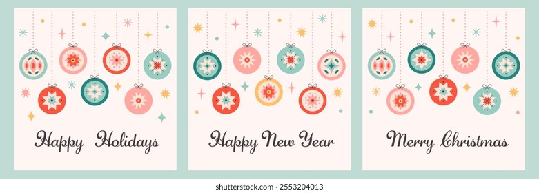Happy Holidays and Merry Christmas greeting cards with Christmas tree toys. Winter holiday background for congratulations. Vector illustration in flat style