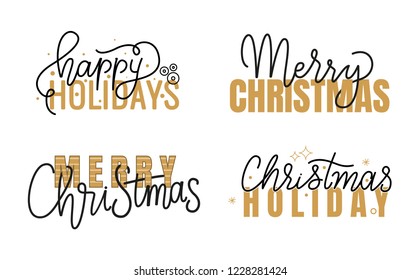 Happy Holidays and Merry Christmas hand written doodles and scripts, calligraphic inscription for greeting cards design. Vector wishes, lettering signs