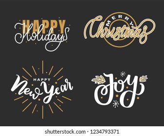 Happy Holidays, Merry Christmas, Joys lettering hand drawn doodle text. Xmas typography font for greeting cards and creative postcards design, vector