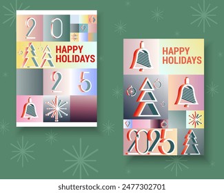 Happy Holidays Merry Christmas and Happy New Year greeting card Set, Modern design typography invite posters, template, Layout,  design, banner