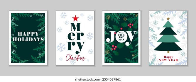 Happy Holidays, Merry Christmas and Happy New Year 2025 creative greeting cards set. Christian Xmas design for church event posters or social media banners