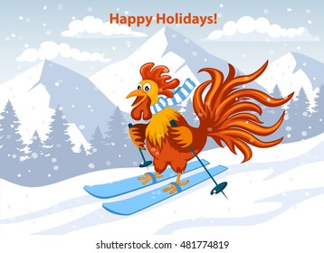 Happy Holidays, Merry Christmas and Happy New Year Greeting Card with Cute Funny Rooster on Ski in Snow Mountains Vector Illustration