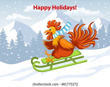 Happy Holidays, Merry Christmas and Happy New Year 2017 Greeting Card with Cute Funny Rooster on Sled in Snow Mountains Vector Illustration