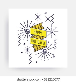 Happy holidays Merry Christmas New Year Design, Linear Flat Icon. Simple vector illustrations for greeting card, posters, print, mobile phoned designs, ads, promotional  Golden Yellow black white