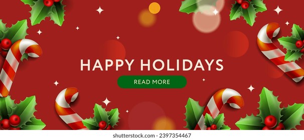 Happy holidays and Merry Christmas sale poster header with candy cane stick, holy berry and Xmas lights. Vector illustration