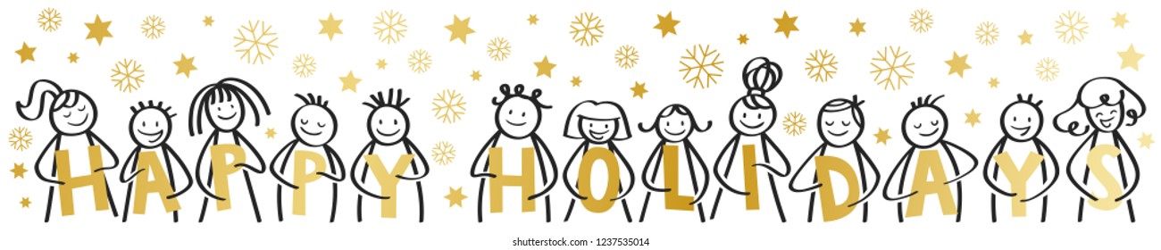 Happy Holidays, Merry Christmas, happy stick figures smiling and laughing, holding golden letters, with snowflakes and stars, horizontal banner, isolated on white background