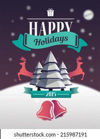 Happy holidays message with illustrations on night sky background