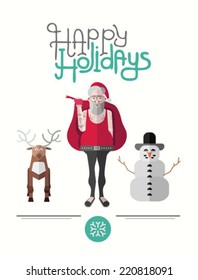 Happy holidays message vector with hipster illustrations on white background