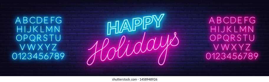 Happy holidays neon sign. Greeting card on dark background. Neon alphabet. Template for design.