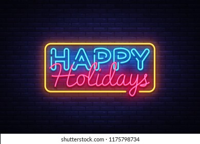 Happy Holidays Neon Text Vector. Happy Holidays neon sign, design template, modern trend design, night neon signboard, night bright advertising, light banner, light art. Vector illustration