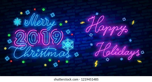 Happy Holidays Neon Text Vector. Happy Holidays neon sign, design template, modern trend design, night neon signboard, night bright advertising, light banner, light art. Vector illustration