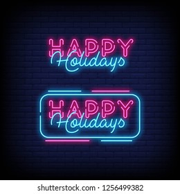 Happy Holidays Neon Text Vector with a Brick Wall Background. design template, modern trend design, night neon signboard, night bright advertising, light banner, light art. Vector illustration