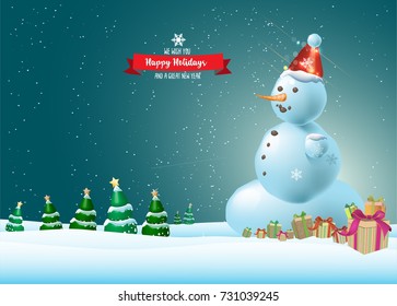 Happy holidays, new year banner with snowmen and xmas trees, elegant greeting, blue background