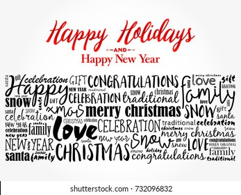 Happy Holidays and Happy New Year. Christmas background word cloud, holidays lettering collage