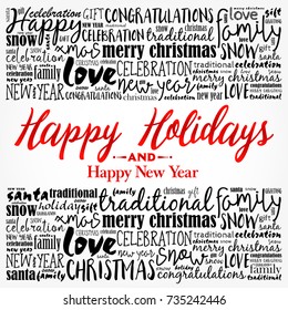 Happy Holidays and Happy New Year. Christmas background word cloud, holidays lettering collage