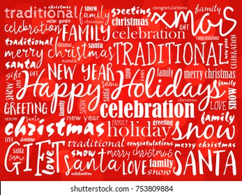 Happy Holidays And Happy New Year. Christmas Background Word Cloud, Holidays Lettering Collage