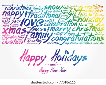Happy Holidays and Happy New Year. Christmas background word cloud, holidays lettering collage