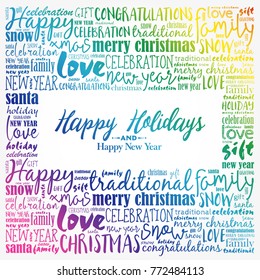 Happy Holidays and Happy New Year. Christmas background word cloud, holidays lettering collage