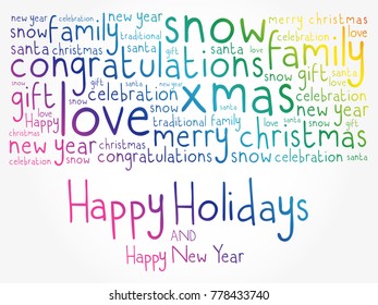 Happy Holidays and Happy New Year. Christmas background word cloud, holidays lettering collage