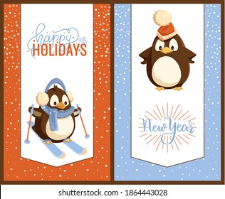 Happy holidays and happy New year greeting cards with cartoon penguins skiing in earmuffs and in warm Santa Claus hat. Arctic birds, polar animals vector
