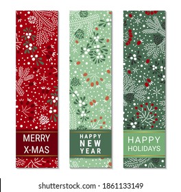 Happy holidays, New Year, Merry X-mas colorful ornate vertical banner template set. Elegant fir branches, cones, mistletoe leaves, red elderberry and rowan berry pattern. EPS 10 vector backgrounds. 