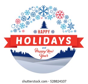 Happy Holidays And Happy New Year On Winter Landscape With Snowflakes And Pine Forest Background.