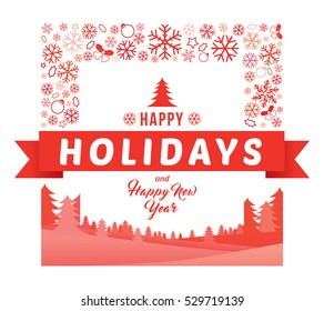 Happy holidays and Happy New Year on winter landscape with snowflakes and pine forest background.