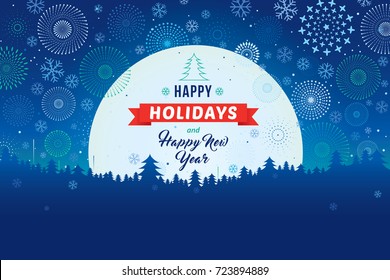 Happy holidays and Happy New Year on winter landscape with snowflakes and fireworks background.