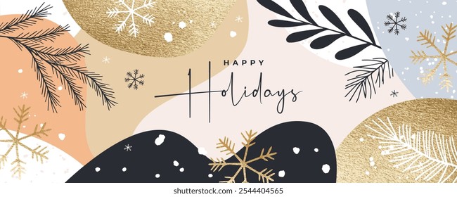 Happy Holidays and New Year's Eve greeting card, poster, web banner, holiday cover. Xmas design template with doodles and abstract shapes for ads, sales, print and season greetings. Winter background