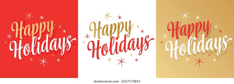 Happy holidays on red, white and gold background