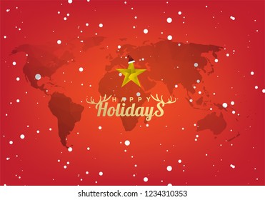 Happy Holidays on world map background with snow, vector eps 10.