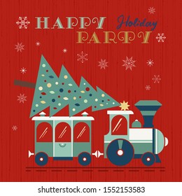 Happy holidays party fancy flat color vector poster  Comic steam Christmas train transport Christmas playful cartoon  Winter holiday greeting card  New Year event fun banner illustration background