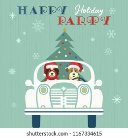 Happy holidays party poster. Cute comic dogs in Santa Claus hat. Christmas tree on retro car. Colorful playful cartoon. Seasonal wishes. Vector winter holiday greeting card. New Year event fun banner